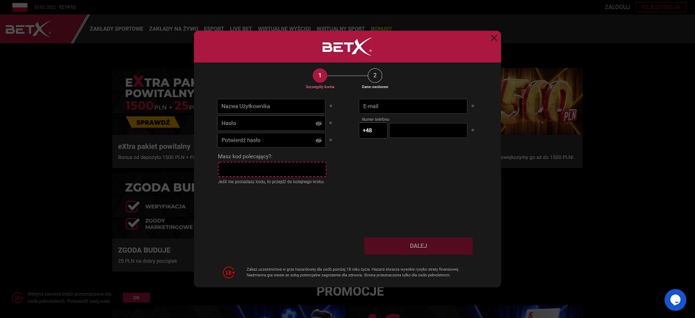 BetX kod promocyjny rejestracja